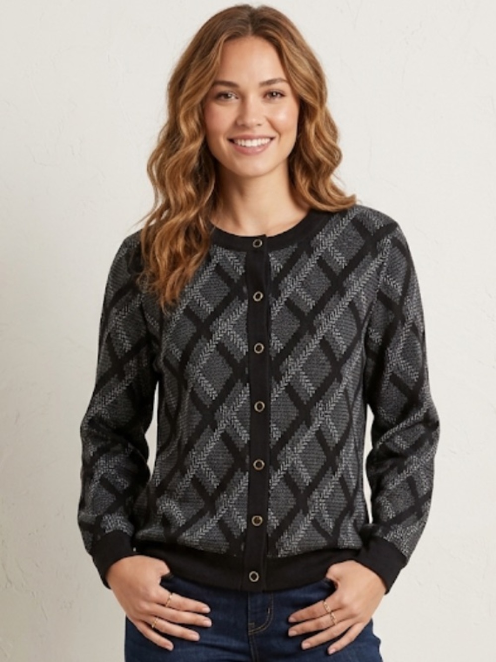 Alfred Dunner Black and Gray Geometric Cardigan
